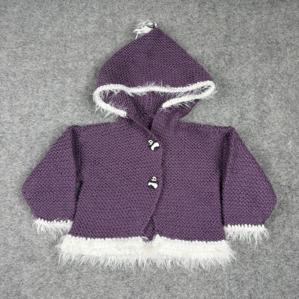 Unbranded Knit Hooded Cardigan Baby Size 6-12M Purple Panda Faux Fur Trim - Picture 1 of 9